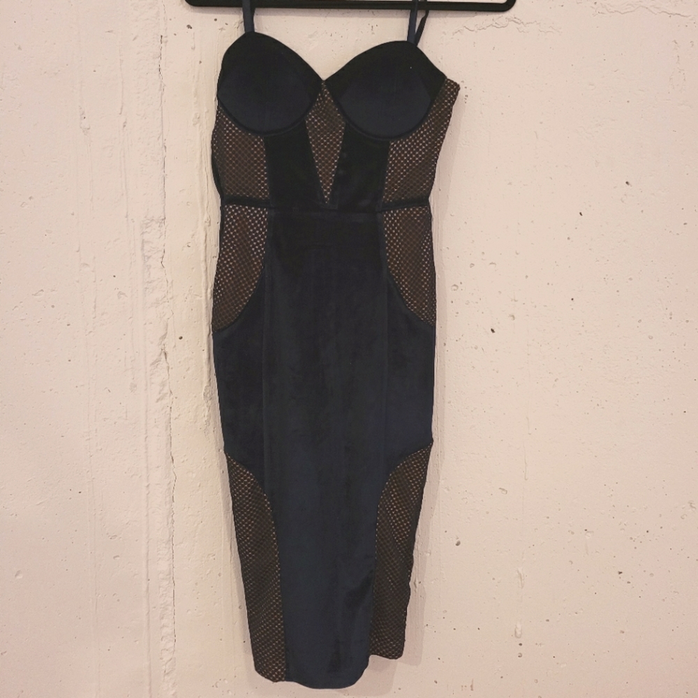 Navy blue velvet evening dress